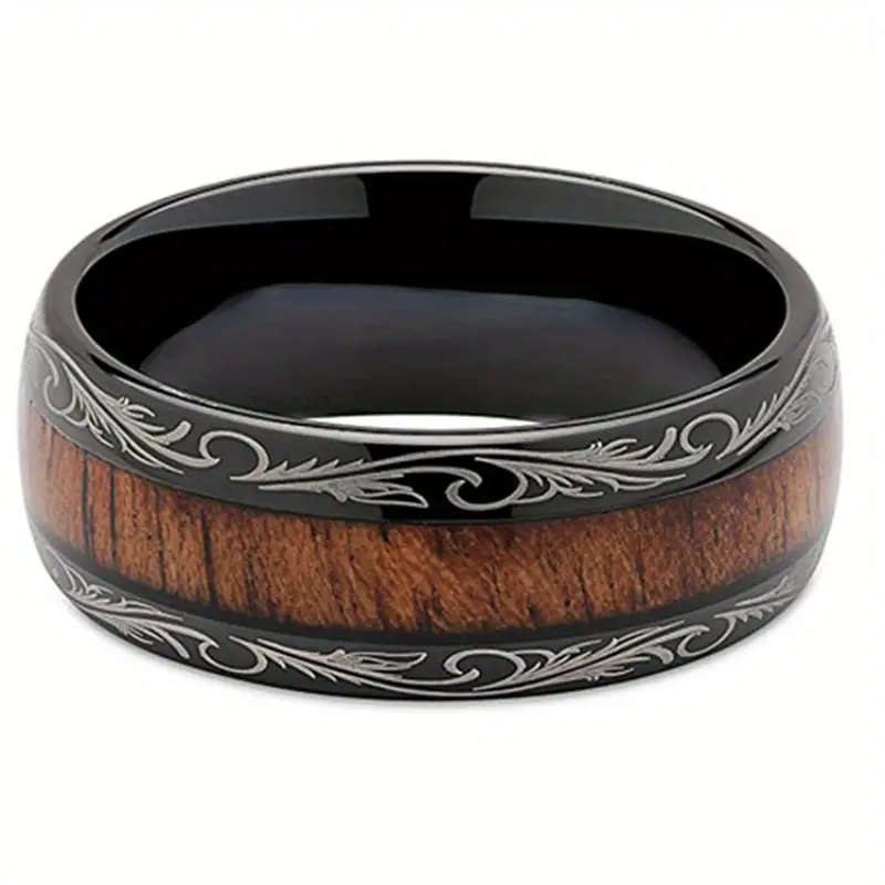 8mm Black and Wood Grain Stainless Steel Ring