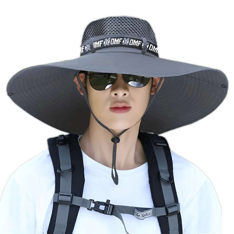 1pc Men's Summer Wide Brim Fishing Hat with UV Protection Breathable Adjustable Drawstring Soli