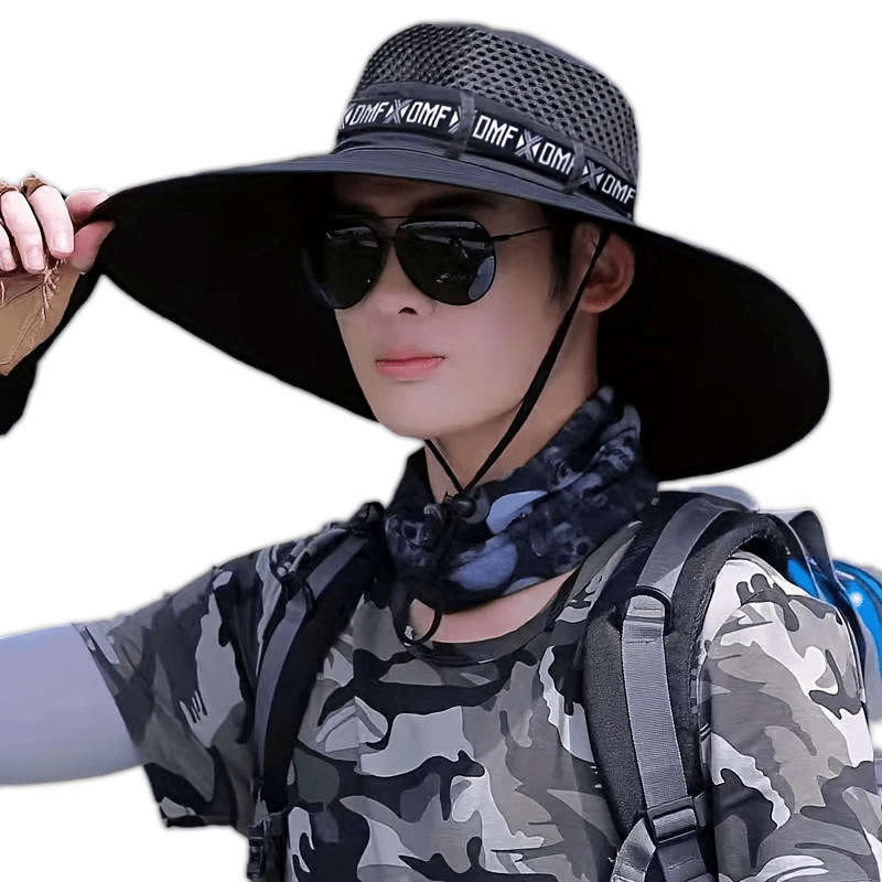 1pc Men's Summer Wide Brim Fishing Hat with UV Protection Breathable Adjustable Drawstring Soli