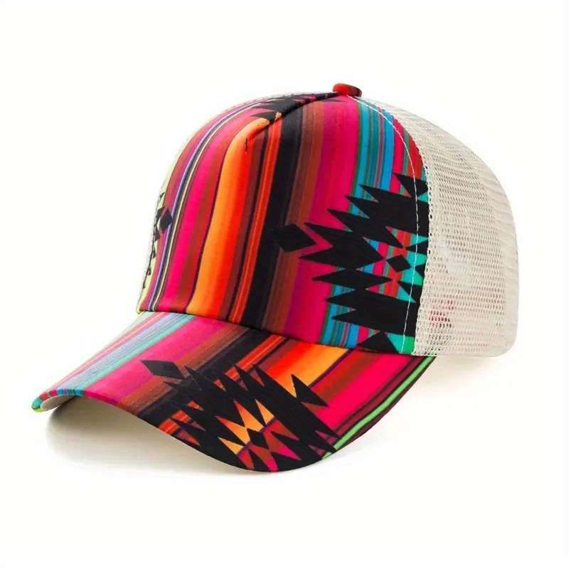 Stylish Bull Head Floral Print Baseball Cap with Ponytail Hole Breathable Mesh Back Adjust