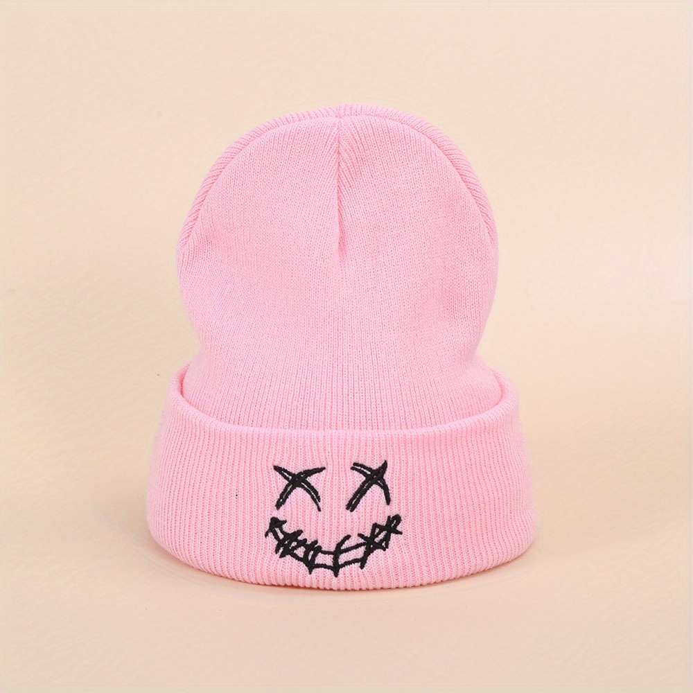Acrylic Knit Beanie with Embroidered joyful Design Casual Warm Ski Hat