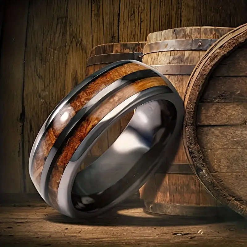 Barrel Inspired Gunmetal Stainless Steel Ring with Wood Grain Inlay