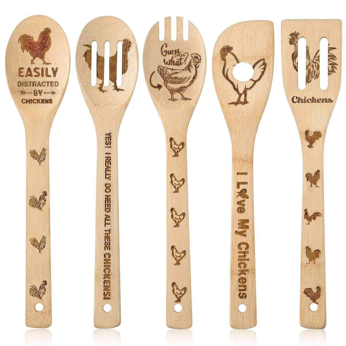 5pcs set Rooster Chicken Bamboo Kitchen Utensils Set Kitchen Burned Decorative Wooden Cooking