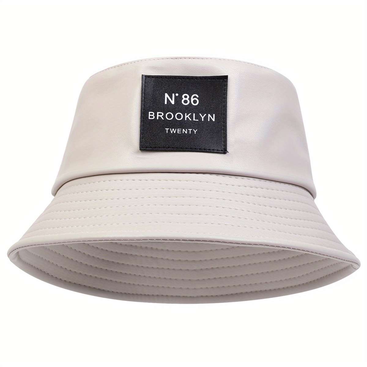 1pc Solid Color Basin PU Leather Hat PU Leather Trendy Bucket Hat Classic Label Patch Solid Color