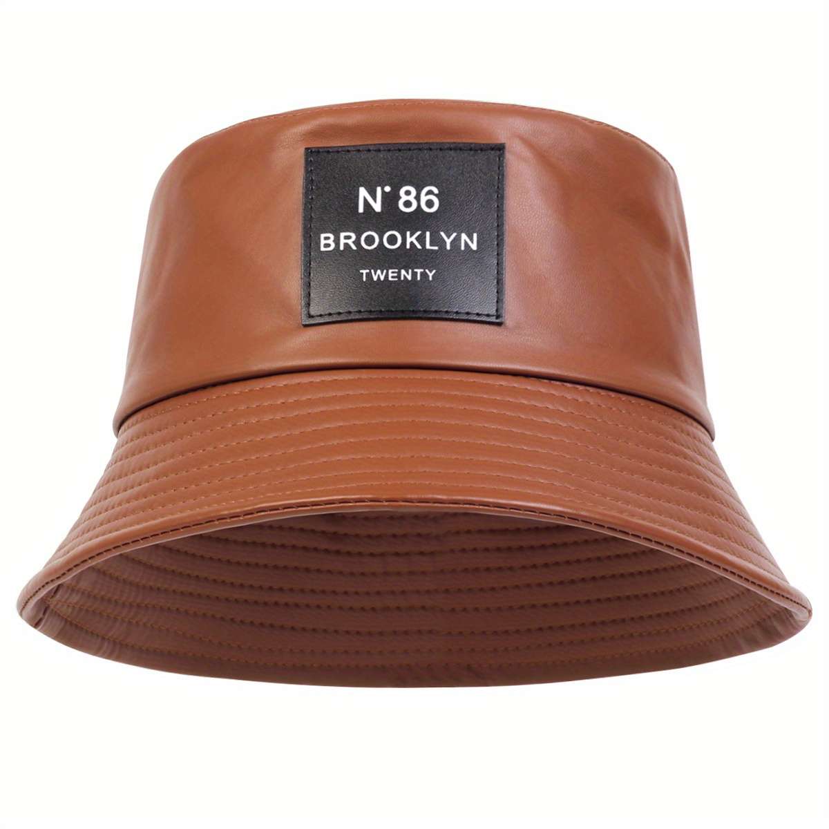1pc Solid Color Basin PU Leather Hat PU Leather Trendy Bucket Hat Classic Label Patch Solid Color
