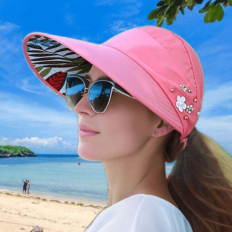 Trendy Beaded Flower Visor Hats Solid Color Foldable Uv Protection For Women Outdoor Summe
