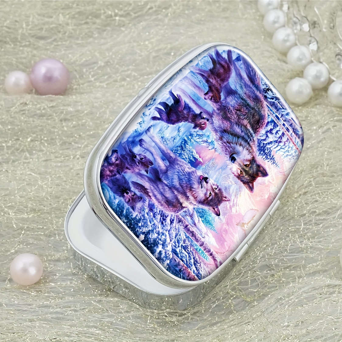 Wolf Family Themed Mini Pill Box Double Compartment Design Portable Travel Pill Storage B