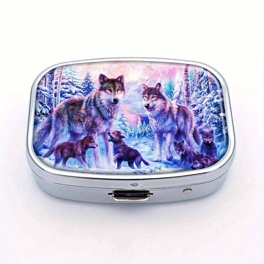 Wolf Family Themed Mini Pill Box Double Compartment Design Portable Travel Pill Storage B