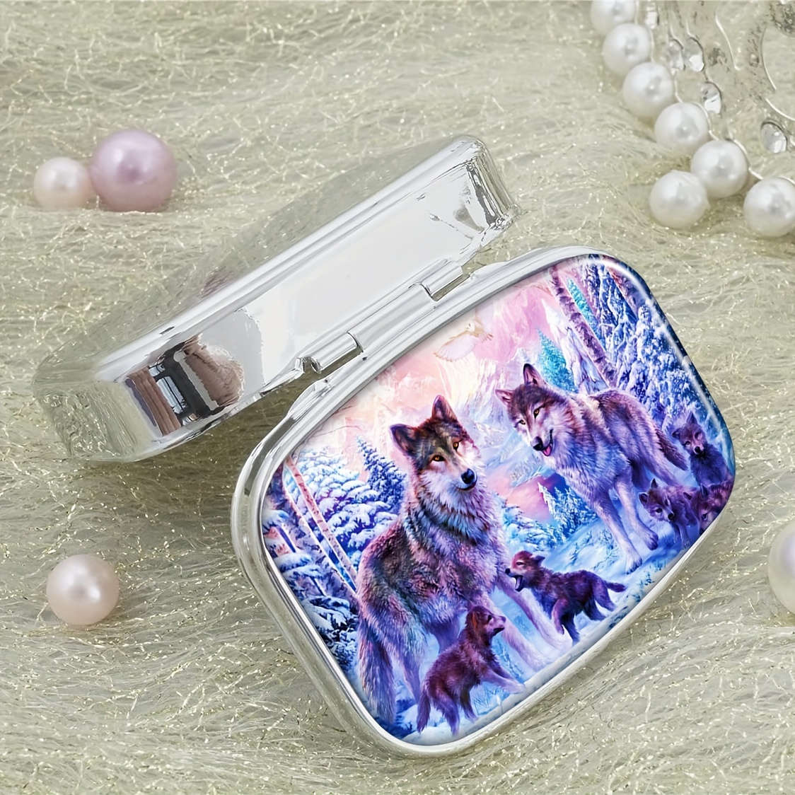 Wolf Family Themed Mini Pill Box Double Compartment Design Portable Travel Pill Storage B