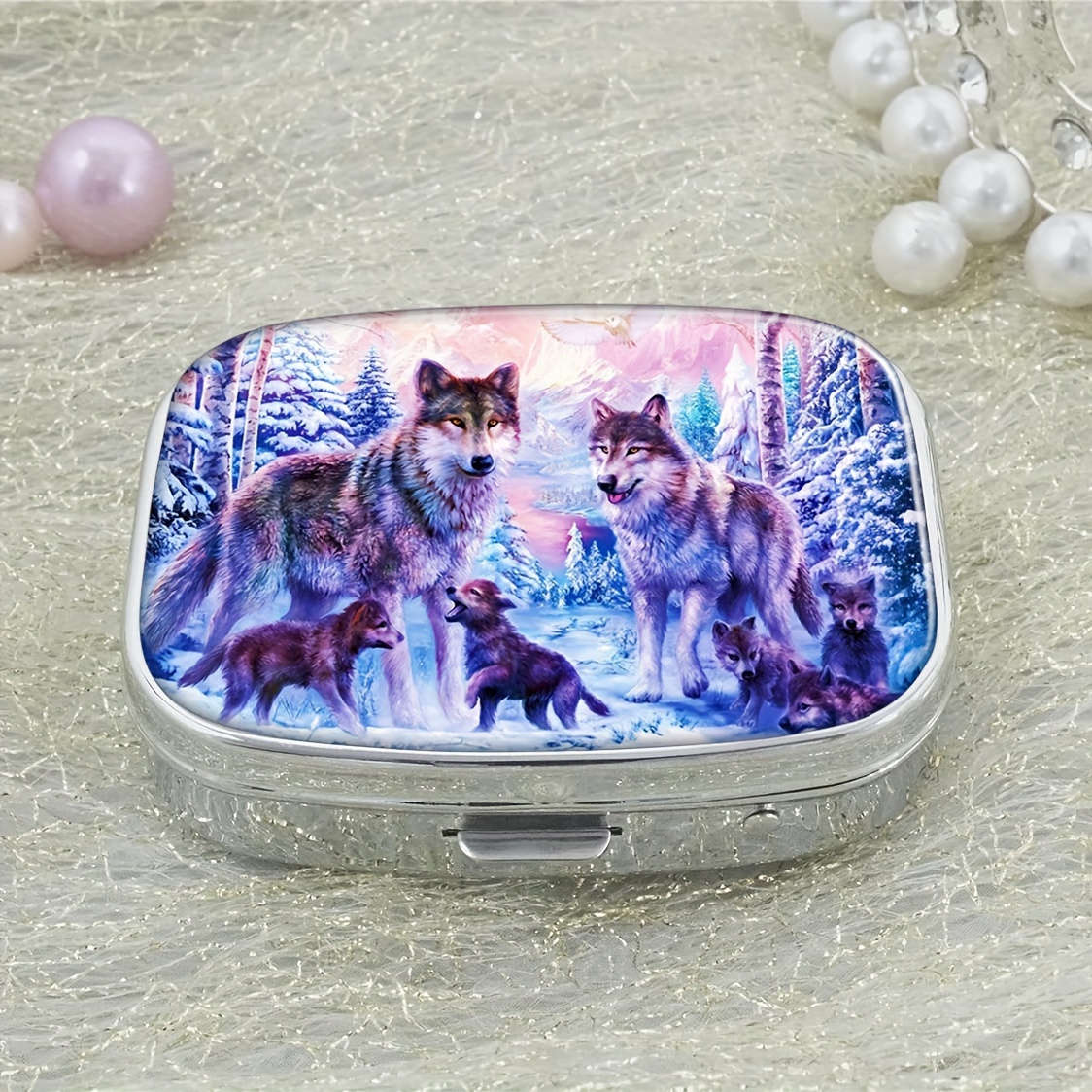 Wolf Family Themed Mini Pill Box Double Compartment Design Portable Travel Pill Storage B