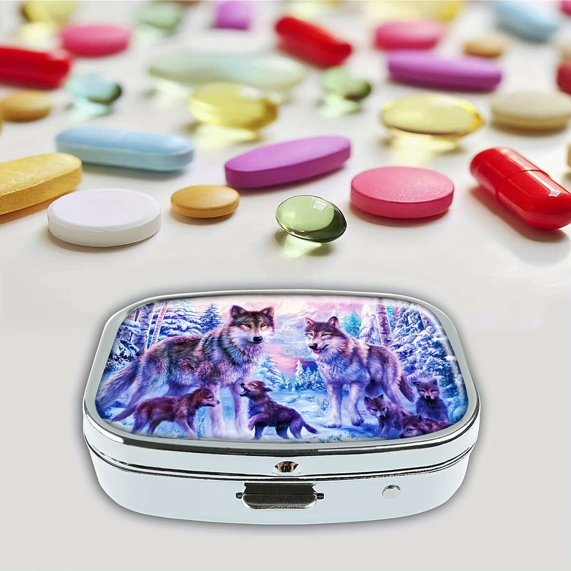 1pc Wolf Family themed mini pill box double compartment design portable travel pill storage b