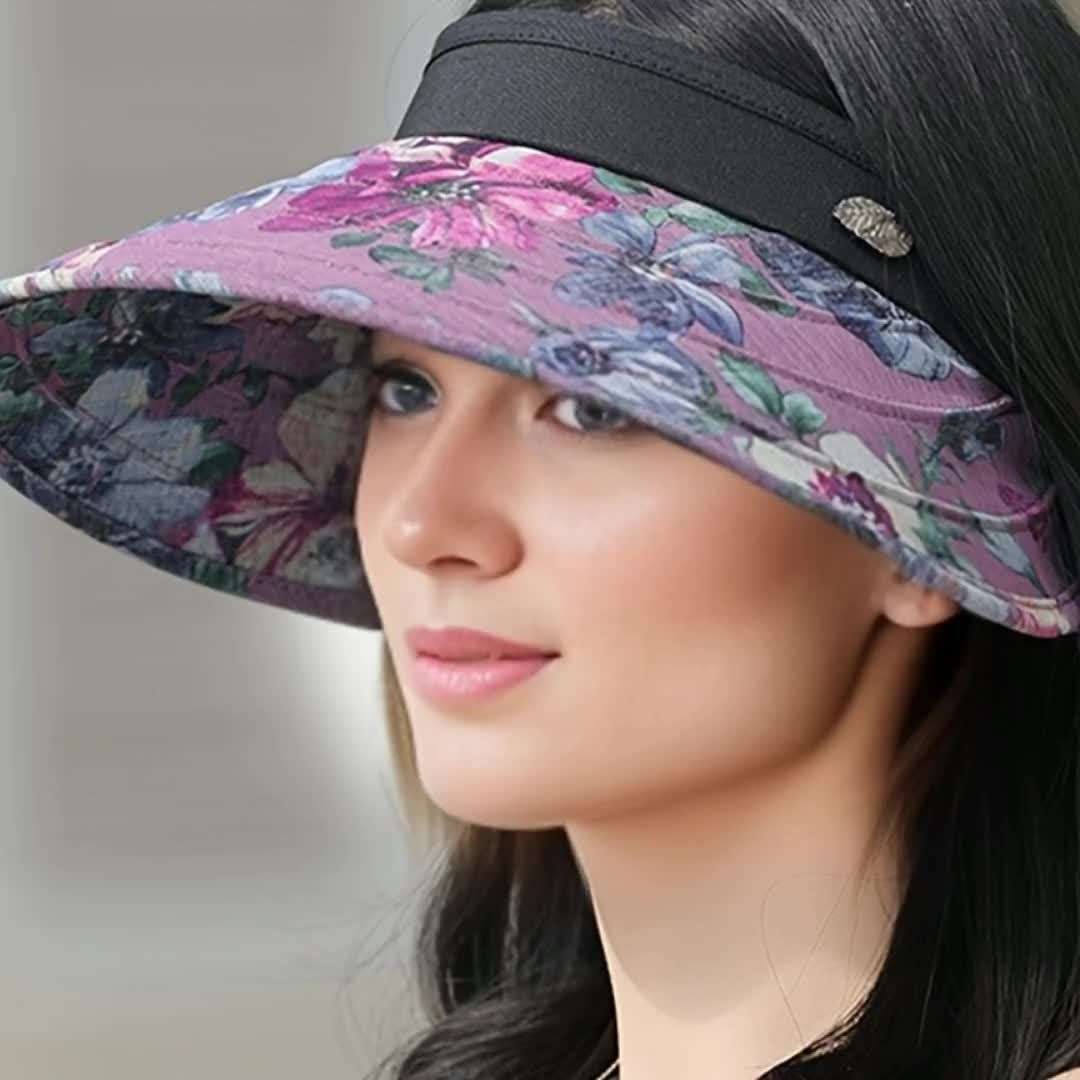 1pc Women's Floral Sun Visor Hat Wide Brim Polyester Cap with Open Top Design Adjustable Brea