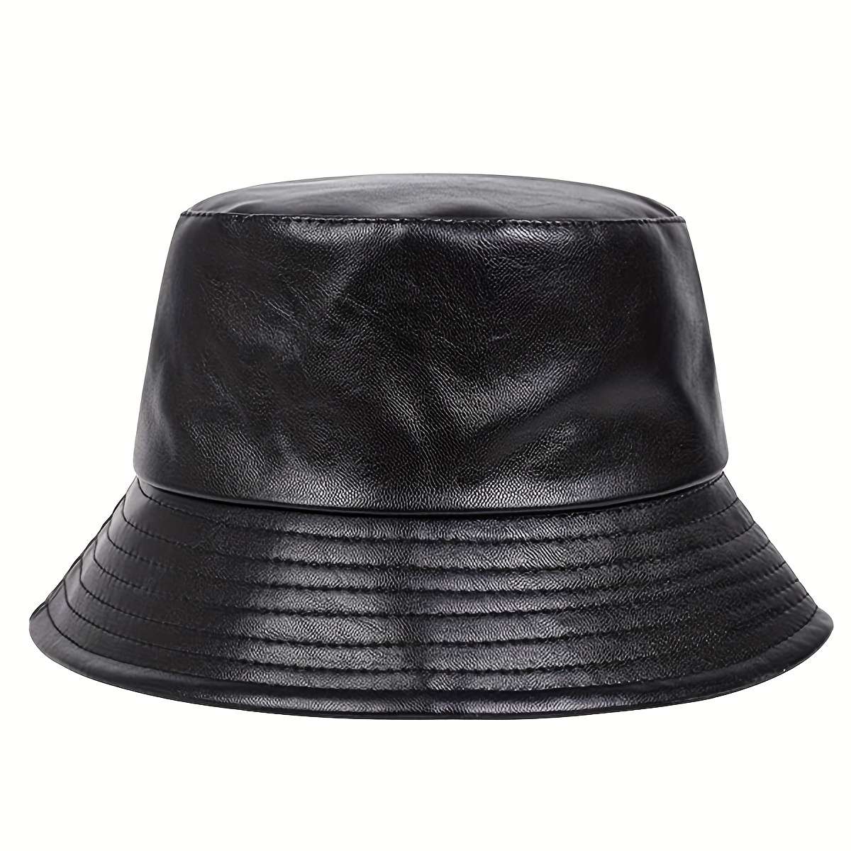 1pc Solid Color Basin PU Leather Hat PU Leather Trendy Bucket Hat Classic Label Patch Solid Color