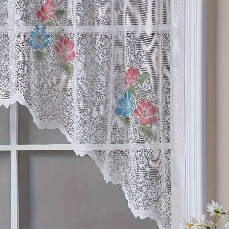 1pc Elegant White Lace Kitchen Curtain with Vibrant Red Floral Embroidery Semi-Transparent Rod Pocke