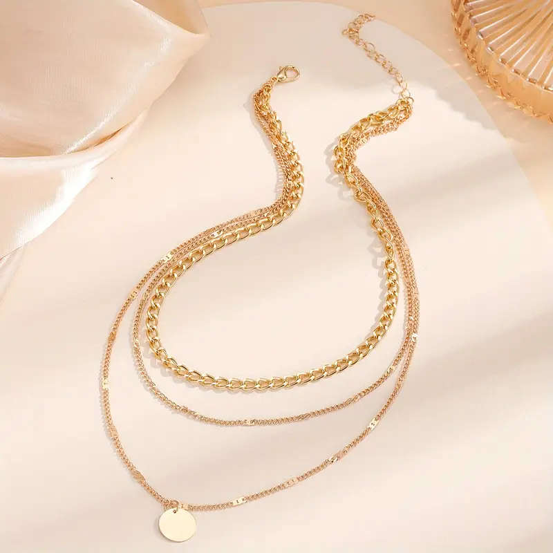 Boho Triple Layer Chain Necklace with Round Pendant