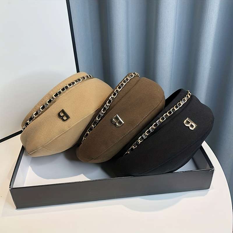 1pc Elegant Chain Decor Beret Lightweight British Style Painter Cap Vintage Berets Newsboy Hat