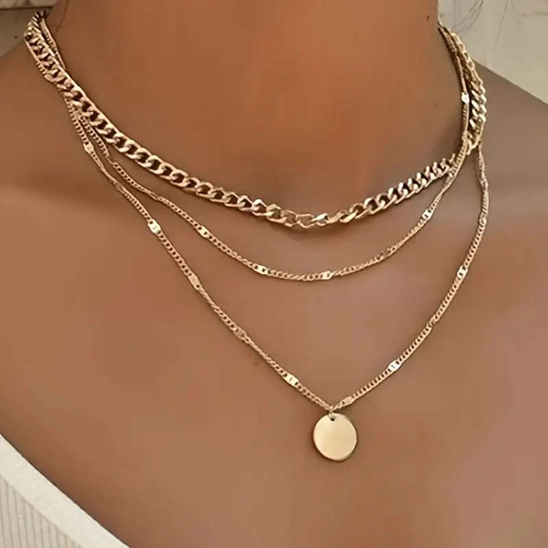 Boho Triple Layer Chain Necklace with Round Pendant