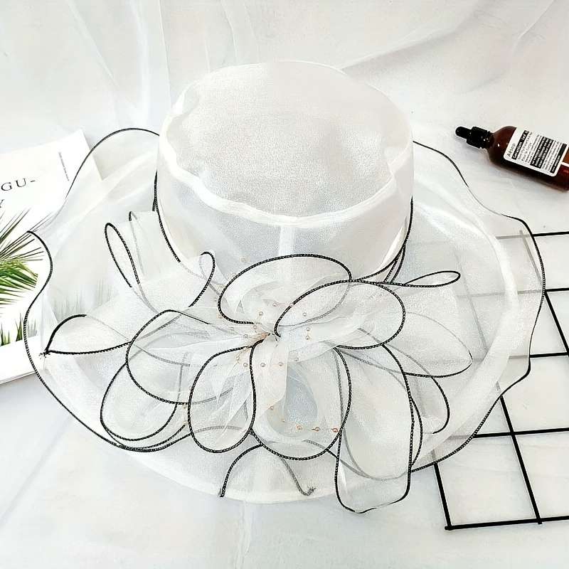 1pc Event Headwear Elegant Black Organza Sun Hat for Women with Vintage Floral Design Breathabl