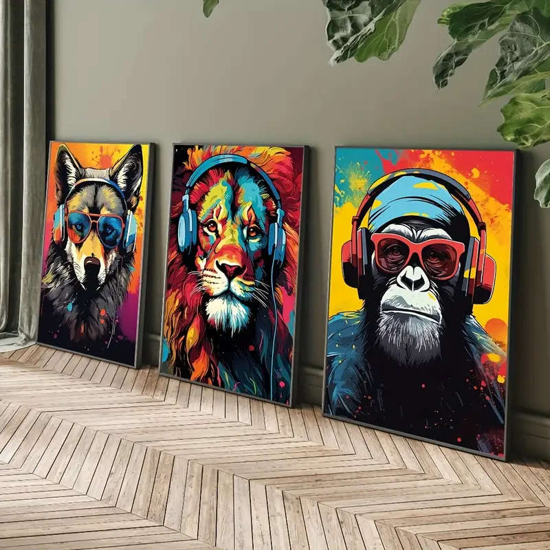 3 Piece Canvas Poster, Modern Art, Earphone Animal Tiger Wolf Chimpanzees Gaming Funky Painting