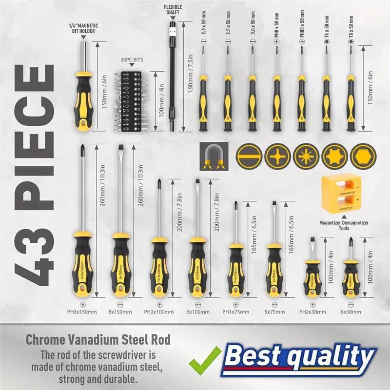 43pcs Magnetic Screwdriver Set With Slotted Phillips Hex Torx And Precision Bits Chrome Vanadium Ste