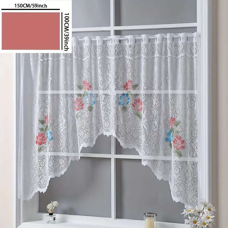 1pc Elegant White Lace Kitchen Curtain with Vibrant Red Floral Embroidery Semi-Transparent Rod Pocke