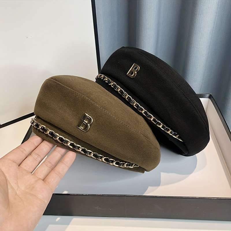1pc Elegant Chain Decor Beret Lightweight British Style Painter Cap Vintage Berets Newsboy Hat