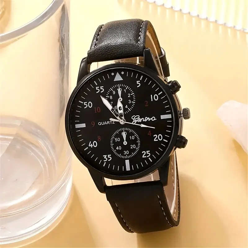 5PCS Set Fashion Men's Casual Black Leather Life Tree Hand Rope Quartz Watch Color sent randomly