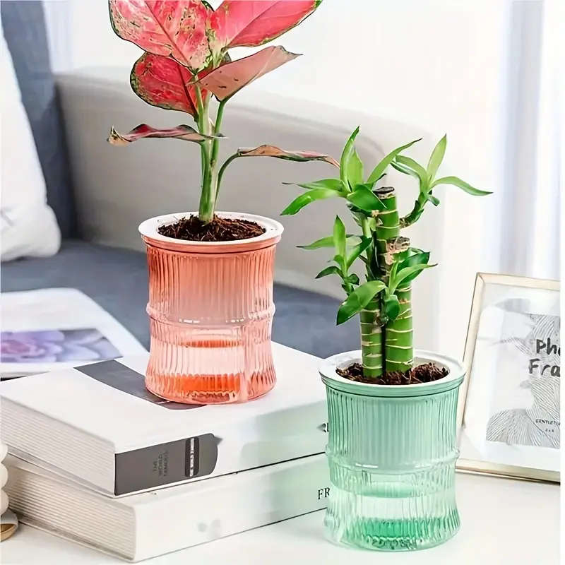 4-Pack Of Modern Self-Watering Plastic Bamboo Flower Pots Multicolour