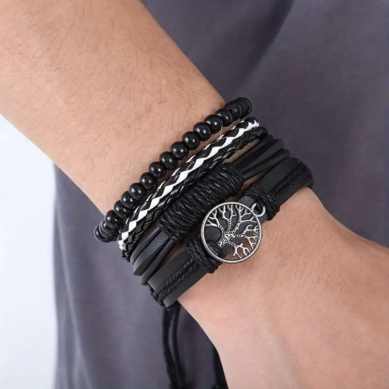 5PCS Set Fashion Men's Casual Black Leather Life Tree Hand Rope Quartz Watch Color sent randomly
