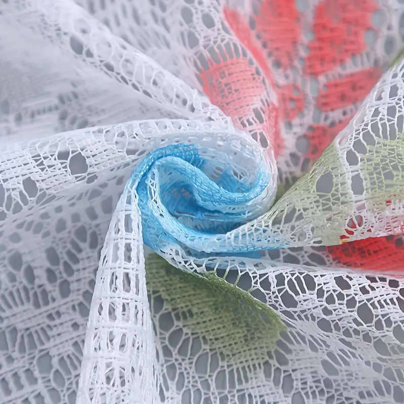 1pc Elegant White Lace Kitchen Curtain with Vibrant Red Floral Embroidery Semi-Transparent Rod Pocke