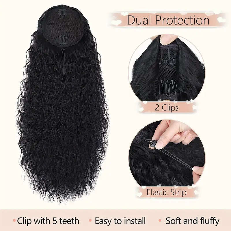 Long Curly, Black Curly Ponytail Hair Extension, Synthetic Clips
