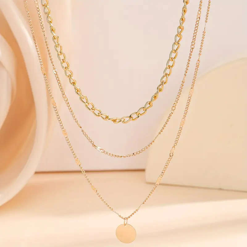 Boho Triple Layer Chain Necklace with Round Pendant