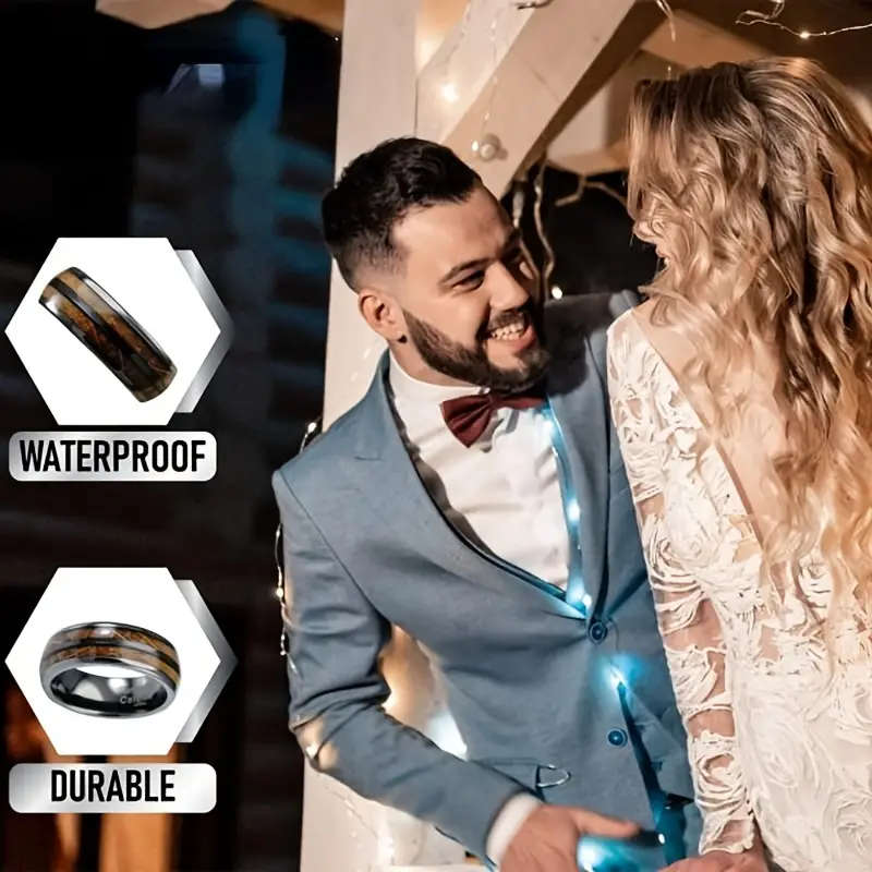 Barrel Inspired Gunmetal Stainless Steel Ring with Wood Grain Inlay