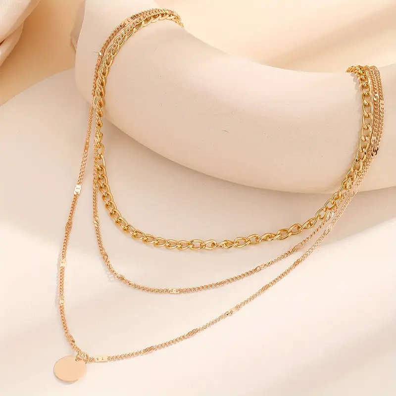 Boho Triple Layer Chain Necklace with Round Pendant