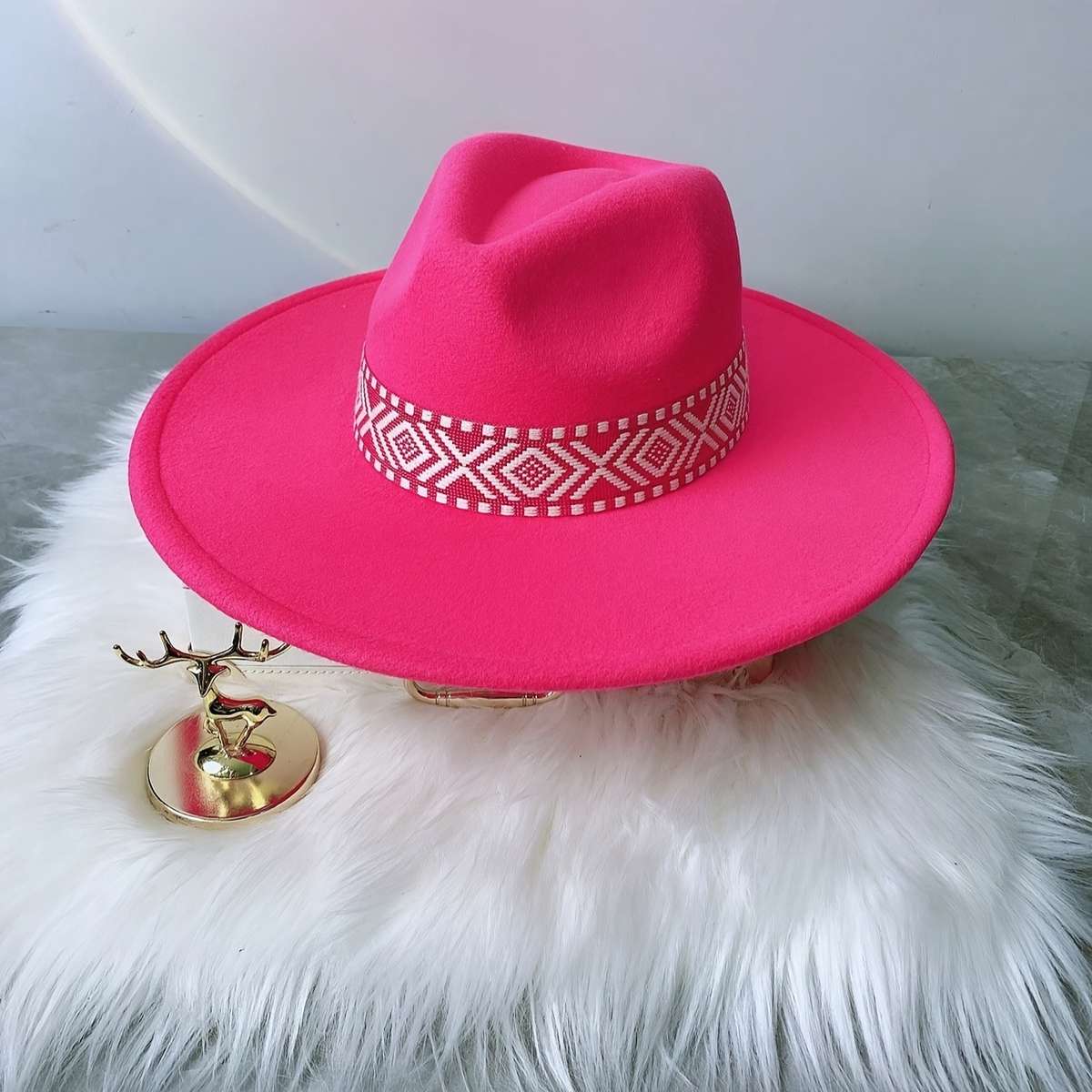 Adjustable Flat Brim Fedora Hat With Geometric Pattern Band Chic Beige Fleece-Blend Ideal Fo
