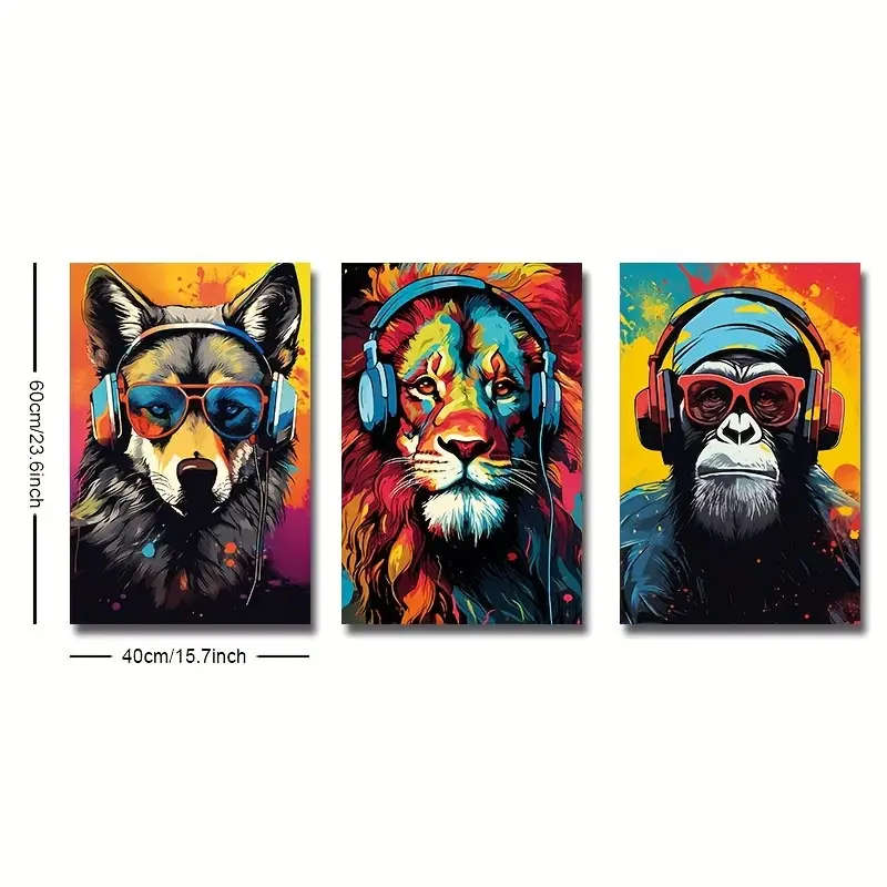 3 Piece Canvas Poster, Modern Art, Earphone Animal Tiger Wolf Chimpanzees Gaming Funky Painting