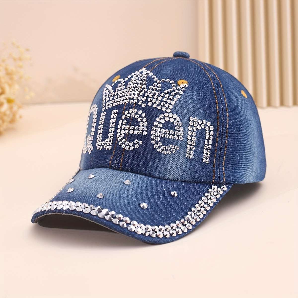 Adjustable Women'S Denim Baseball Cap With Sparkling Queen Rhinestone Crown Design Lightwei