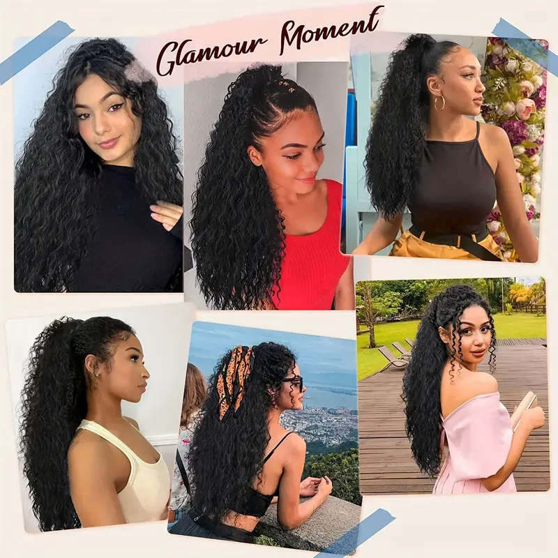 Long Curly, Black Curly Ponytail Hair Extension, Synthetic Clips