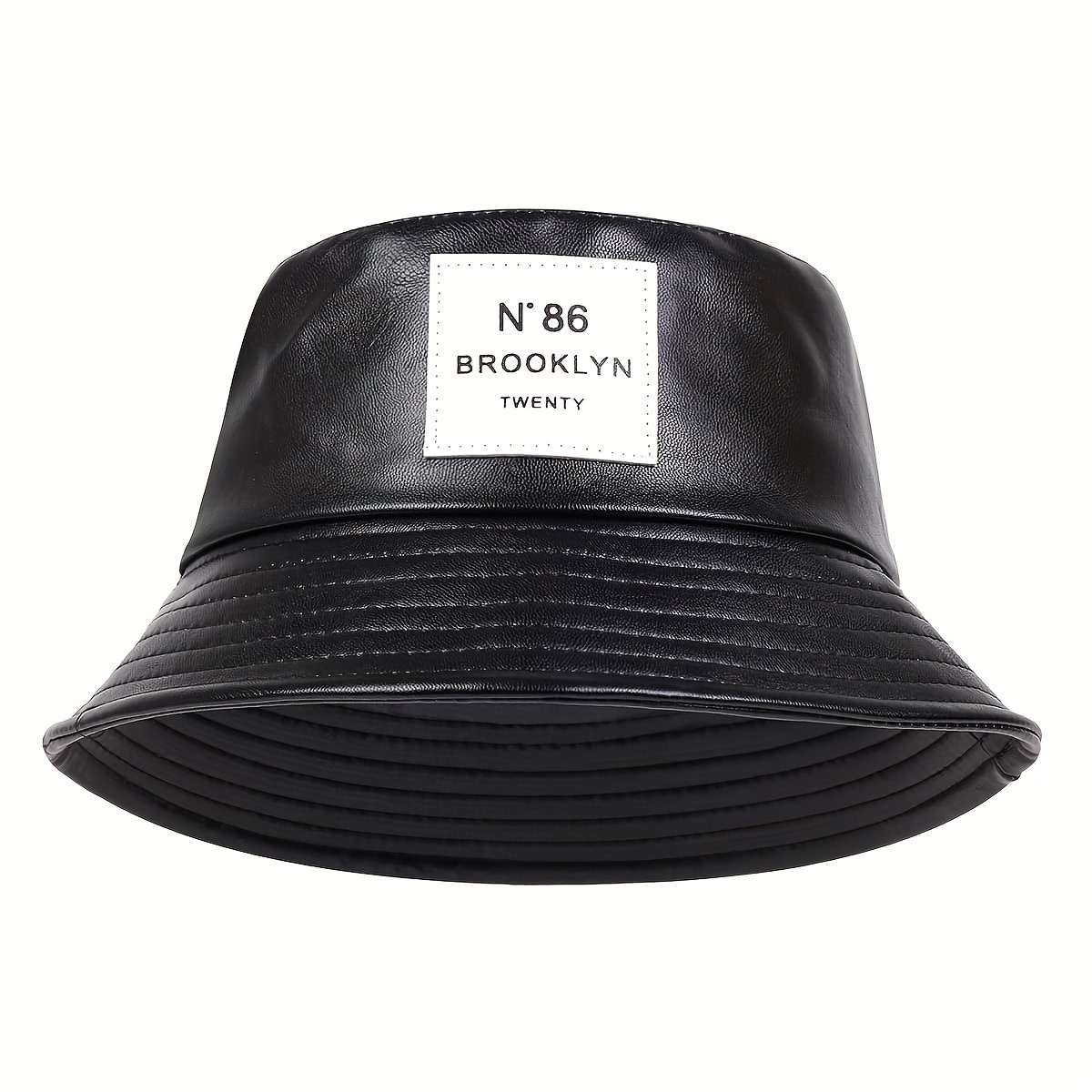 1pc Solid Color Basin PU Leather Hat PU Leather Trendy Bucket Hat Classic Label Patch Solid Color