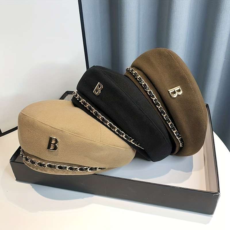 1pc Elegant Chain Decor Beret Lightweight British Style Painter Cap Vintage Berets Newsboy Hat