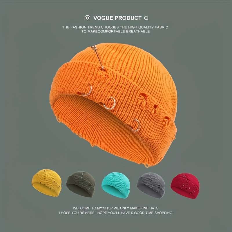Warm Cuffed Beanie Fisherman Hats Unisex Hip Hop Fisherman Beanie Trendy Ripped Pin Brooch Kn