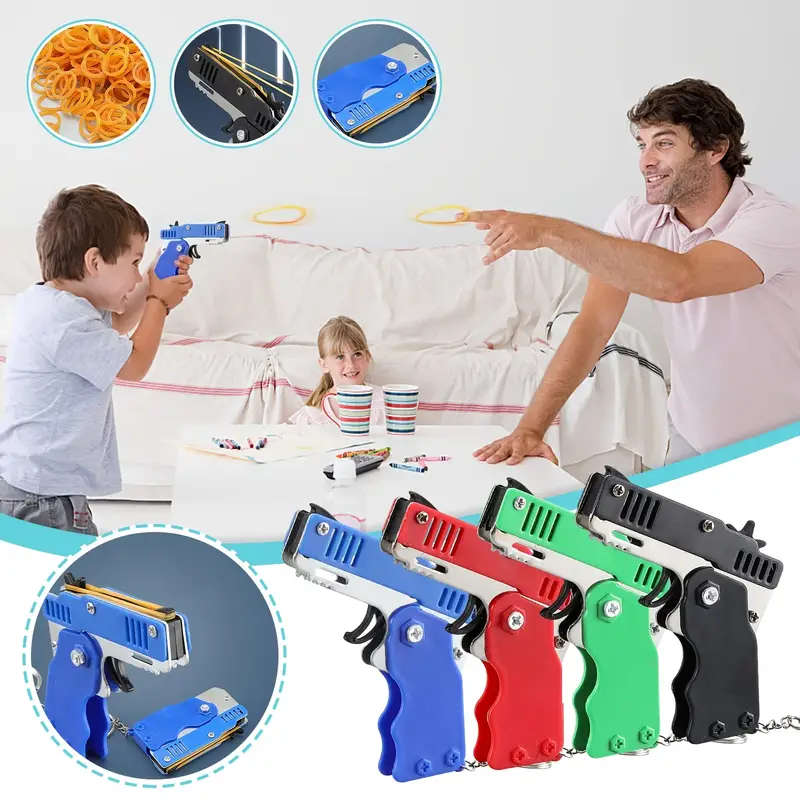 Rubber Band Gun Toy Mini Metal Folding Rubber Gun Rubber Launcher Toy With Keychain And Rubber Bands