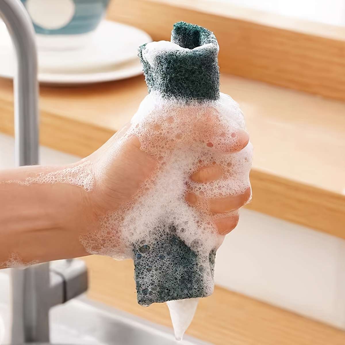 20pcs Green Microfiber Cleaning Sponges Vintage Style Polyester Kitchen Scrubbers Dish Washi