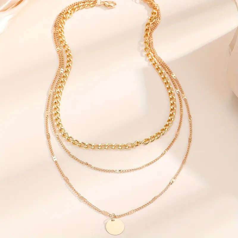 Boho Triple Layer Chain Necklace with Round Pendant