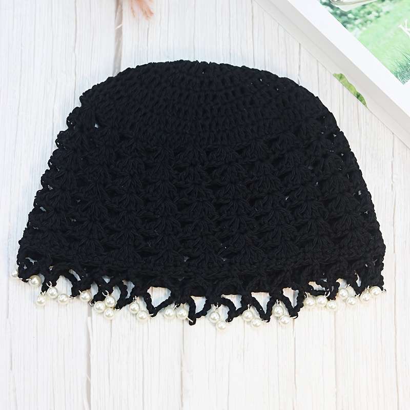 Elegant Hollow Out Crochet Beanie Vintage Beaded Tassel Solid Color Knit Hats Lightweight Skull