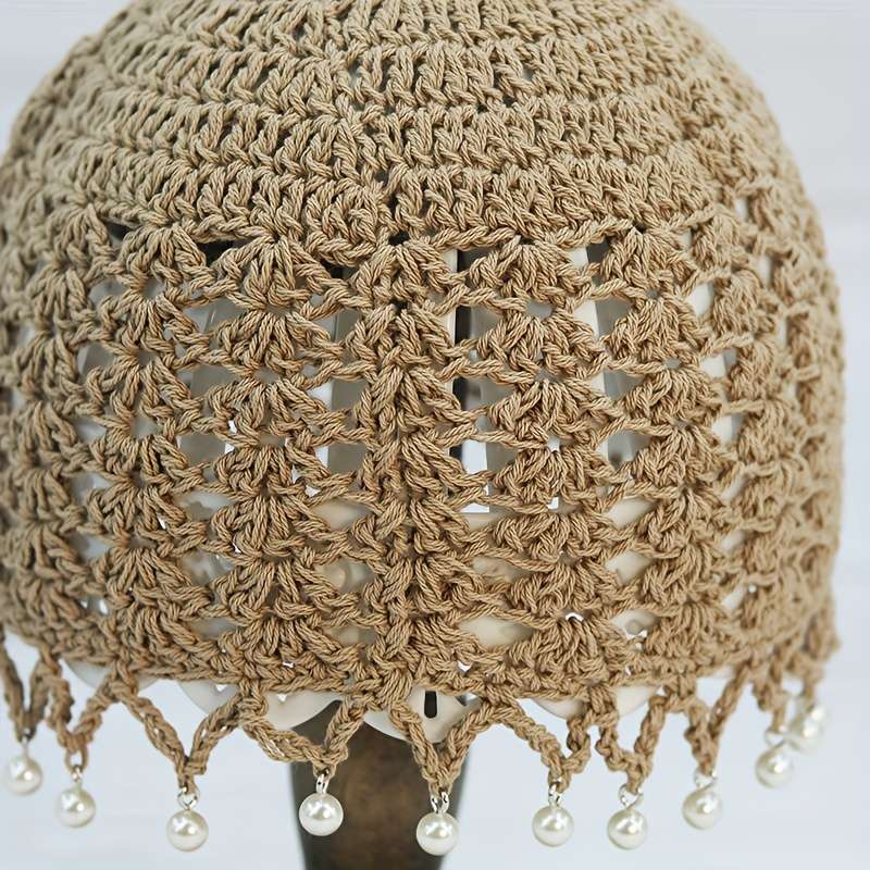Elegant Hollow Out Crochet Beanie Vintage Beaded Tassel Solid Color Knit Hats Lightweight Skull