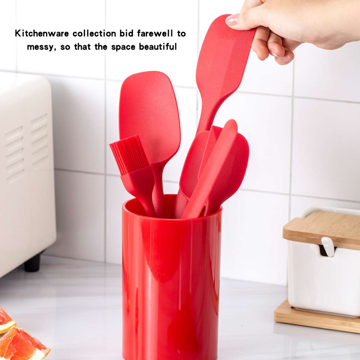 Kitchen Utensil Organizer Red and Black Polypropylene Storage Cylinder for Dishware Spoons