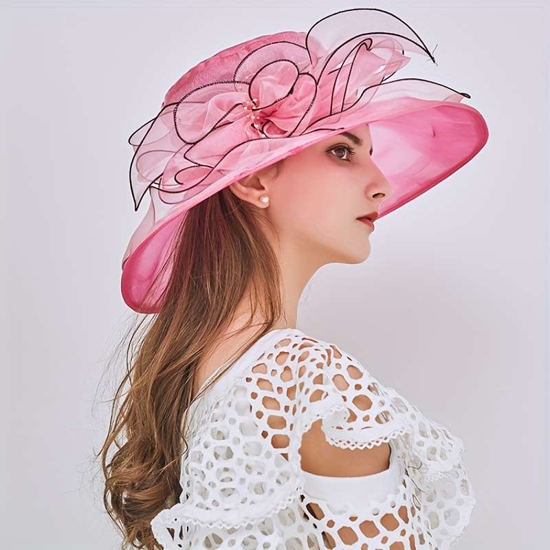 1pc Wide Brim Organza Sun Hat Elegant Mesh Breathable Derby Church Hat Flower Decor Foldable Travel