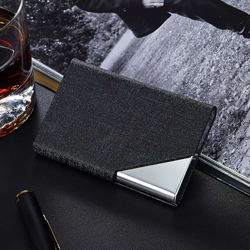 1pc Men's Business Card Holder Stainless Steel PU Leather Card Holder Slim Metal Pocket Card