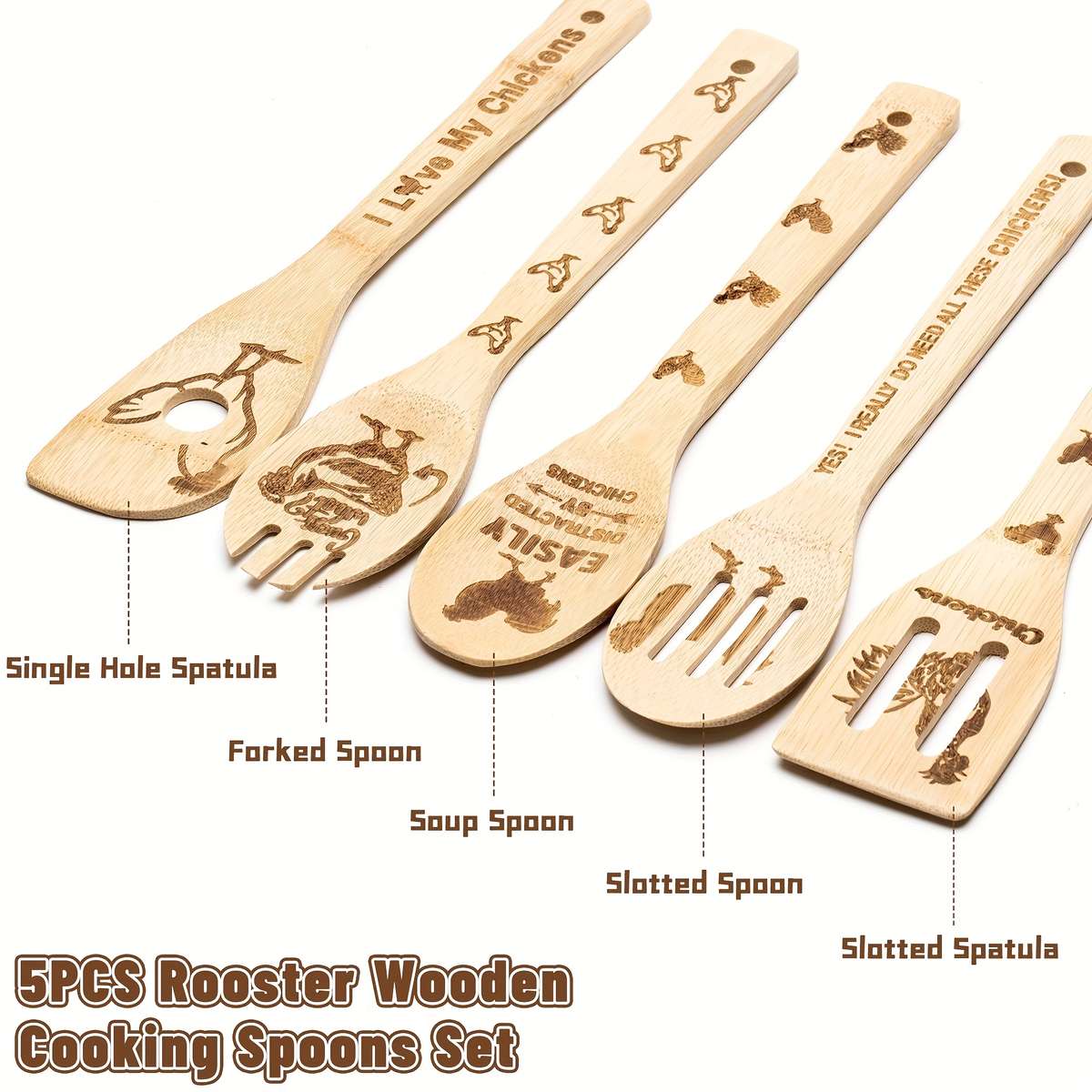 5pcs set Rooster Chicken Bamboo Kitchen Utensils Set Kitchen Burned Decorative Wooden Cooking
